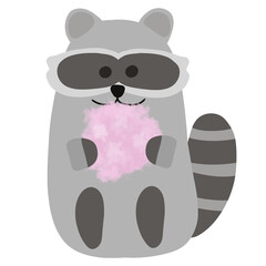 illustration cute cartoon raccoon eating cotton candy