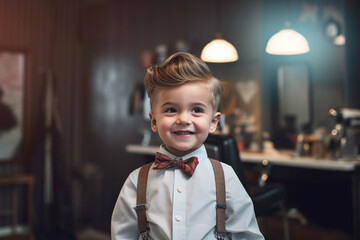 Child haircut salon. Portrait of happy child with beautiful haircut. Close-up. Generative Ai content - obrazy, fototapety, plakaty