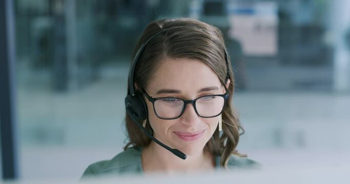 Call center woman, talking and happy in office for consulting, advice and smile at telemarketing job. Agent girl, crm and voip communication with mic, customer service and tech support in workplace