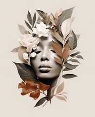 Generative ai woman's face with flowers and leaves