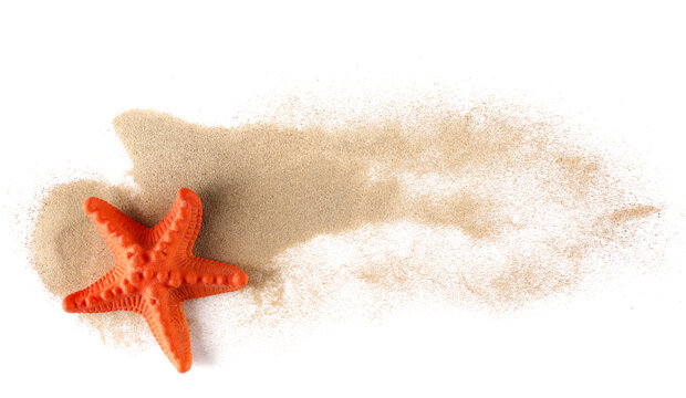 Plastic starfish in sand pile isolated on white, top view  