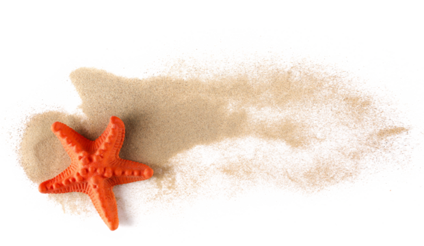 Plastic starfish in sand pile isolated on white, top view  