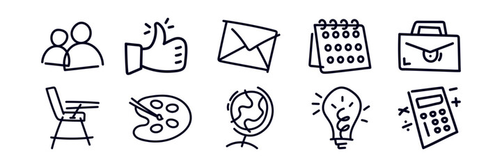 Doodle hand drawn icon elements. People, thumbs up, e-mail, calendar, suitcase bag, armchair, painting palette brush, globe, light bulb, calculator. Creative school college element illustration
