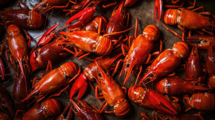 Crayfish at the seafood market on dark background. Top view