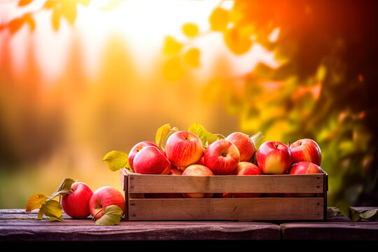 Apples in a wooden box on the table at sunset. Generative AI