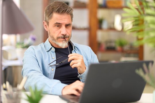 Casual mid adult man with laptop computer at desk in home office, banking online, remote working. Portrait of older gray haired bearded guy thinking. Businessman managing business on internet. &nbsp;