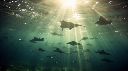 stingrays swimming below the surface of the sea Generative Ai