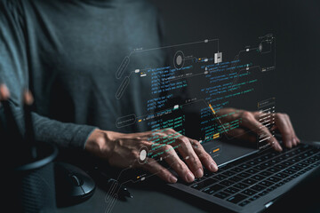 Software developer or programmer coding program with laptop. Create Intelligence innovation....