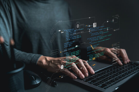 Software developer or programmer coding program with laptop. Create Intelligence innovation. Computer programming, development software engineer and architecture, digital data technology management