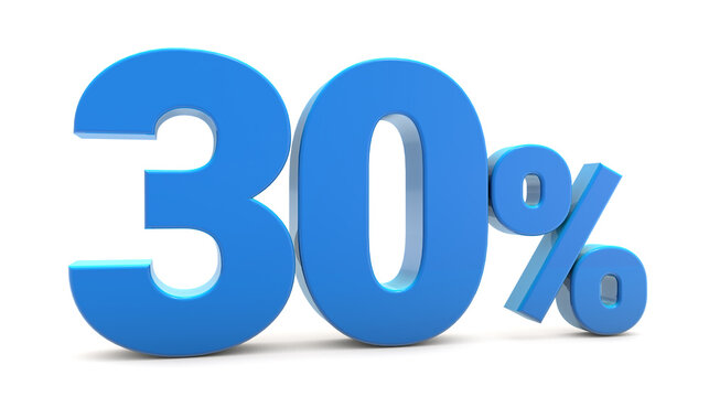 30 percentage sign isolated on white background. 30 percent off 3d. 30 percent sign. 3D rendering.
