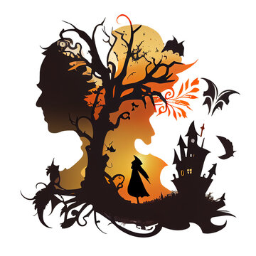 halloween ghost, girl ghost shape,  ghost birds, ghost tree, funny faces pumpkins, Autumn holidays.Ai generated image