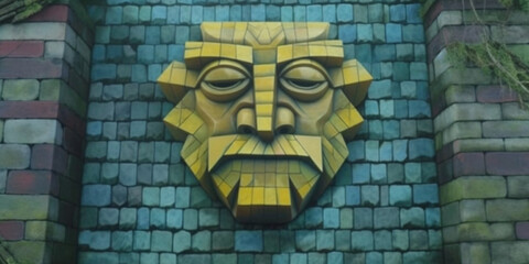 Wooden Sculpture with Face on Block Wall