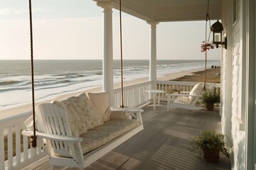 Fototapeta na wymiar Beach House Porch with a Swing. Generative ai