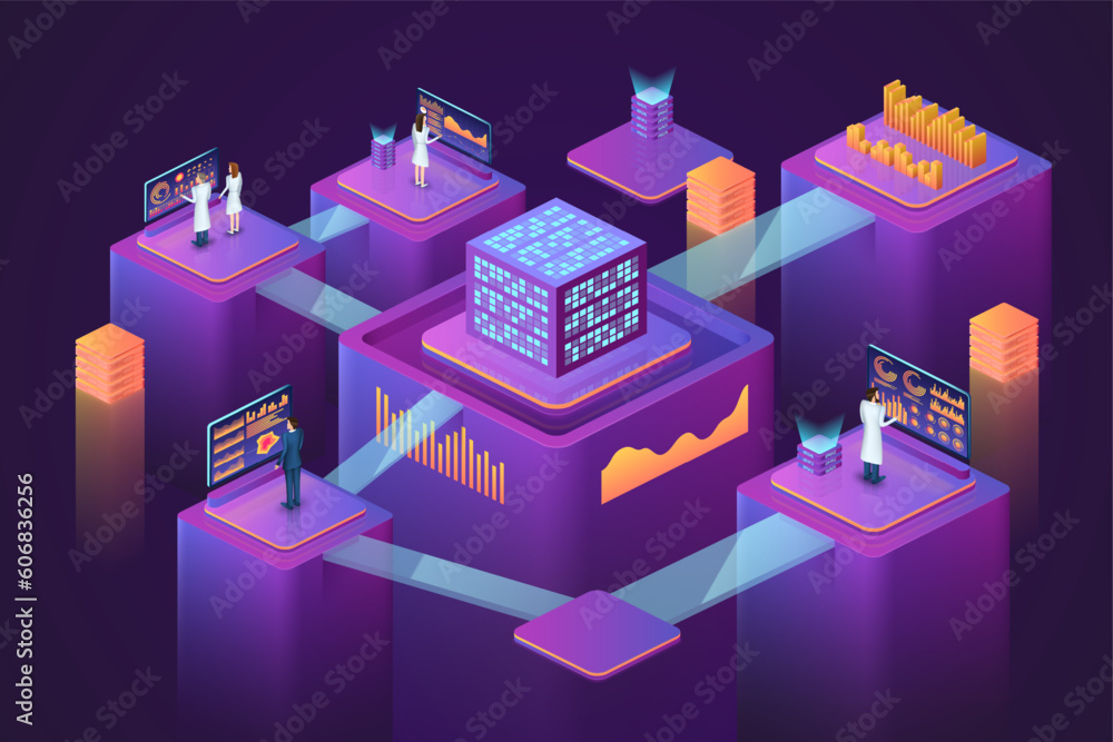 Aufkleber Isometric data. 3D database digital technology. Infographic dashboard. Marketing chart or calendar for people analysis. Statistic graphs. Searching information. Vector purple background