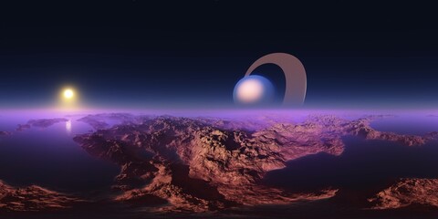 Beautiful alien landscape, panorama of the surface of a fantasy planet, HDRI, environment map , Round panorama, spherical panorama, equidistant projection, 360 high resolution panorama, 3d rendering © ustas