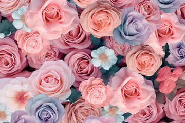 Generative AI illustration of Background of pastel colors of pink flowers with gentle petals viewed from above with copy space