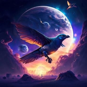 Photo Avian Warrior Engages in Celestial Skirmish under Moonlit Galaxy illustrtion generative ai