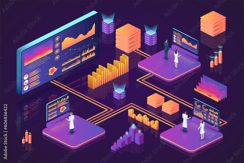 Poster isometric data. digital 3d business solutions searching. analysis technology. infographic dashboard.