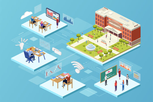 Isometric classroom. Online education. Virtual training in university. Custom teachers library. People studying. Academic building. Students at blackboard. Vector creative infographic