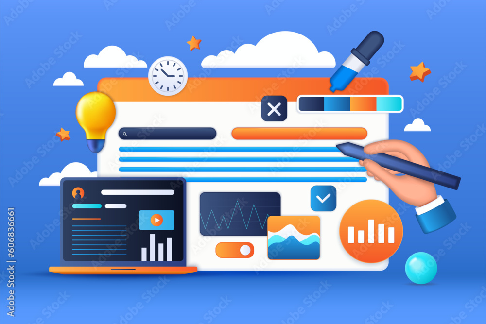 Leinwandbilder 3D graphic design. Web UI render. Website creating. Software for computer developers. Internet tablet app or platform interface. Browser interface editing. Vector digital illustration