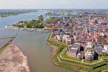 Aerial from the historical city Gorinchem at the river Merwede in the Netherlands