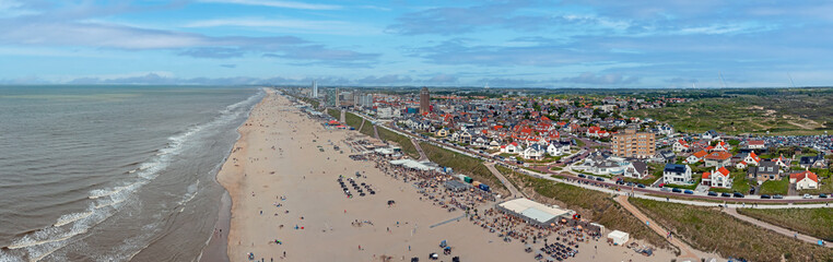 Aerial panorama from the beach at Zandvoort at the North Sea in the Netherlands on a beautiful summer day - obrazy, fototapety, plakaty