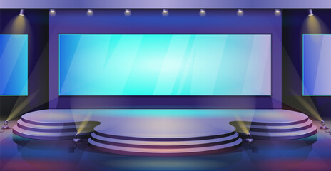 Event stage. Presentation screen for concert or conference hall. Convention or award. Auditorium room for business speaker. Empty performance podium with spotlights. Vector background