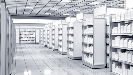 Supermarket trading floor, places for advertising and navigation. 3d illustration