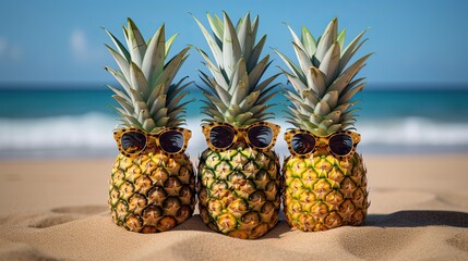 Three trendy pineapples on the beach with sunglasses. pineapple, recreation, sea, beach