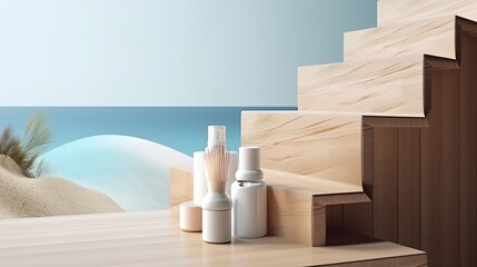 bottles, perfume, cream on the sea beach background. place for text, your design, business, summer
