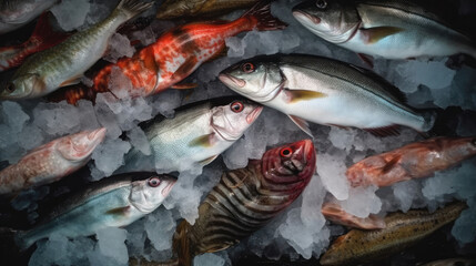 Fresh fish on ice at the fish market. Seafood and healthy eating concept