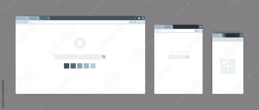 Poster Browser page. Website windows. Internet service UI. Mobile interface. URL address and search tab bar. Menu option buttons. Phone or computer screens. Vector desktop web templates set