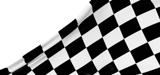 Black and white checkered curved flag or ribbon, sport banner on dark background