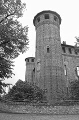 
brick castle with two towers, black and white