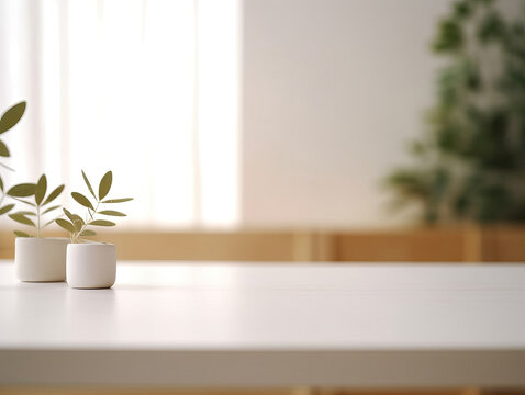 Clean top table with a leaves and plants and blur background. Generative AI illustrations