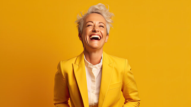 Photo of attractive charming lady friendly smile good mood wear blue office shirt isolated yellow color background Generative AI