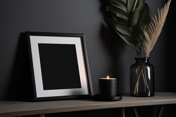 Blank square picture frame mockup in room. Contemporary, modern style. Empty space for artwork, poster. Black frame mock up, template. Close up view. Generative AI.