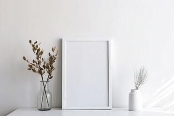 Blank vertical picture frame mockup in room. Contemporary, modern style. Empty space for artwork, poster. White frame mock up, template. Close up view. Generative AI.