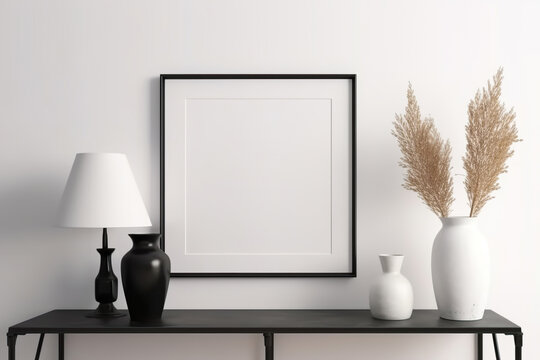 Blank square picture frame mockup in room. Contemporary, modern style. Empty space for artwork, poster. Black frame mock up, template. Close up view. Generative AI.