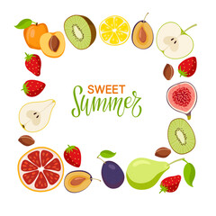 Sweet summer card. Fruits frame with text. Square fruit border isolated on white background. Summer design For poster, banner, cover, invitation, branding. Summer Fresh healthy fruits and berries.