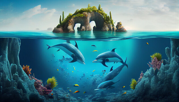 Background of Islands and underwater coral reef with Tropical marine fish and jumping dolphin Ai generated image