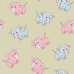 Seamless pattern with cartoon bulls symbol of 2021. The illustration of bulls with hearts is suitable for the design of children's things, packaging, scrapbooking, textiles, fabrics, wallpapers, paper