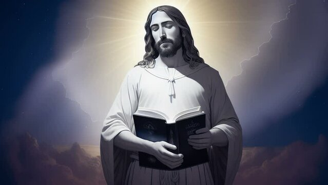 Generative Ai portrait of serene Jesus Christ with a white tunic and the bible. Religious imagen of son of the God. 