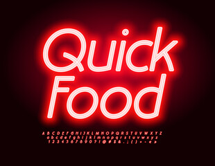 Vector advertising banner Quick Food. Red glowing Font. Set of neon Alphabet Letters, Numbers and Symbols
