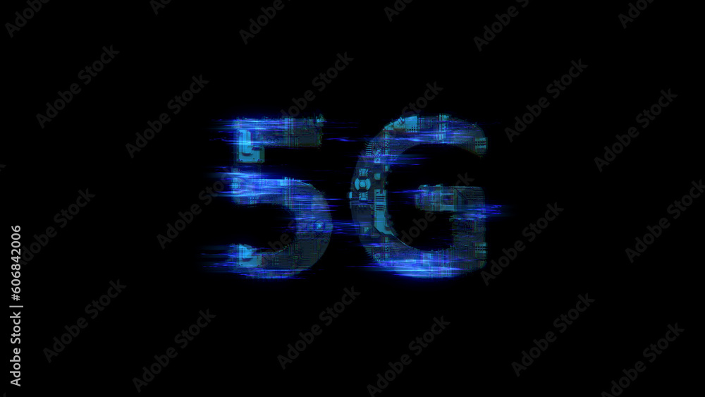 Poster cybernetical electrical light shining text 5g in glitch style, isolated - object 3d rendering