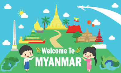Obraz na płótnie Canvas Myanmar Travel poster or postcard promoting world famous landmarks with the temple of Bagan, Myanmar design vector illustration.