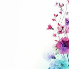 pink and blue flowers decorate a white background AI Generated