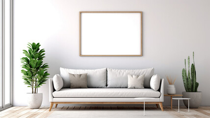 Interior design of a living room with a sofa, a painting and lamps