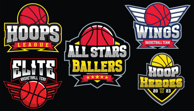 set of colorful basket logos, and emblems collection. shield, wings, stars, and basketball  logos on isolated backgrounds, editable text vector template, tournament and championship, leagues