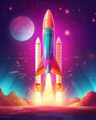 Fototapeta premium A neon lit illustration of a rocket launch for startup concepts. (Generative AI)